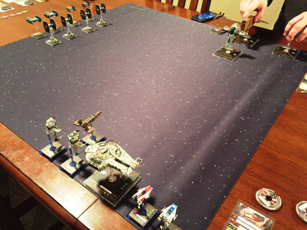 My Rebel ships are in the foreground with the Imperials to the left and a host of bounty hunters to the right.